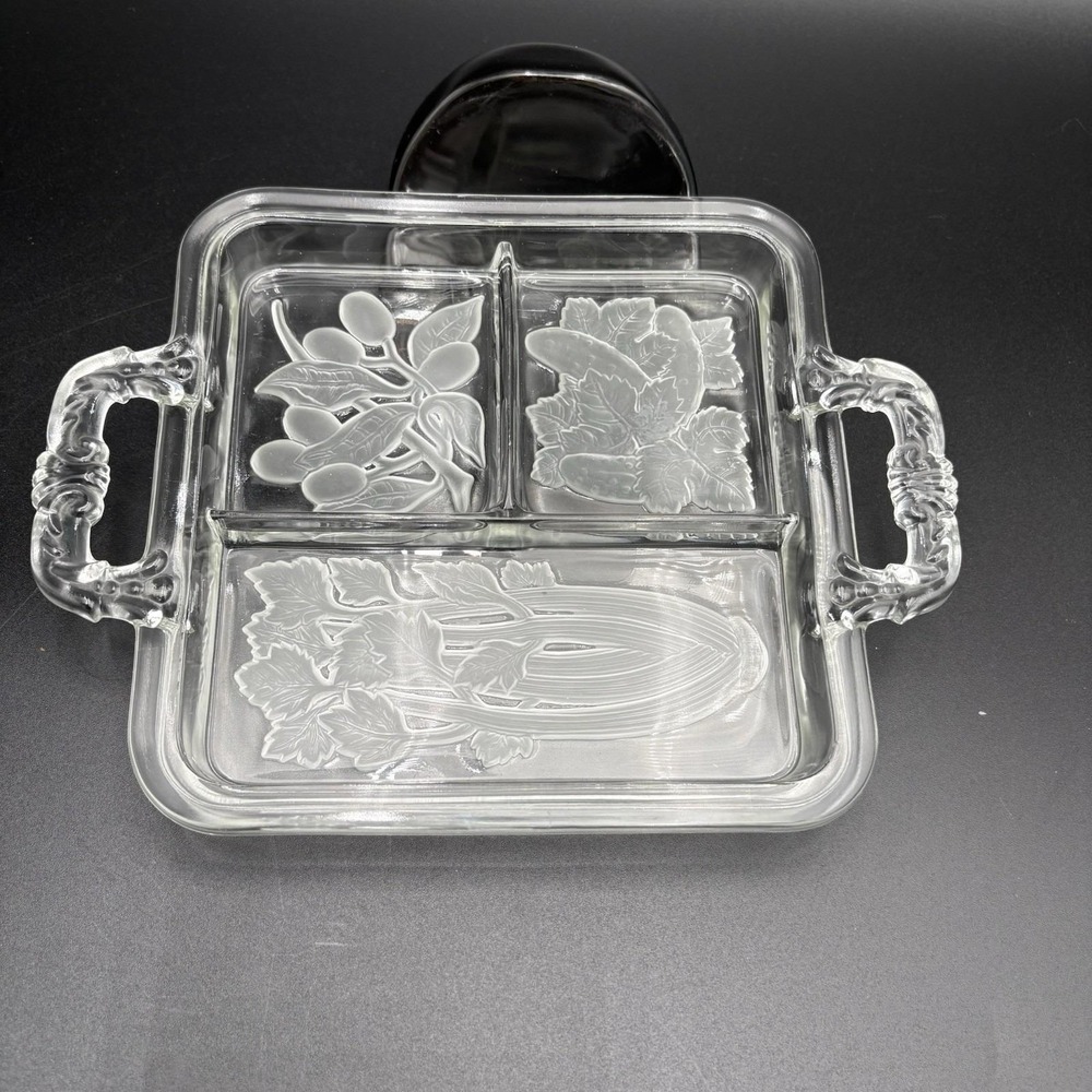 Vtg Duncan Miller Intaglio Carved Glass 3-Section 7x8.5" Relish Dish Vegetables